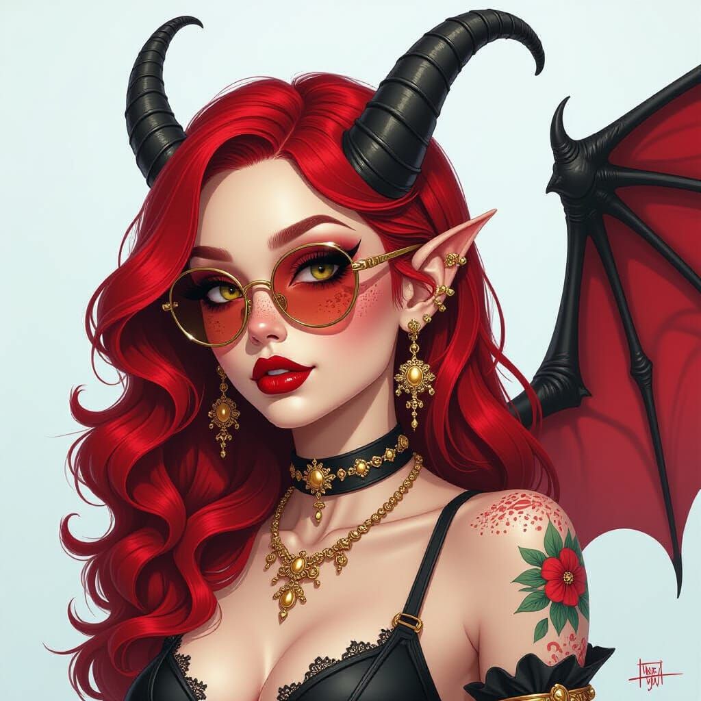 Red-Skinned Demon with Wings, Horns, and Sunglasses