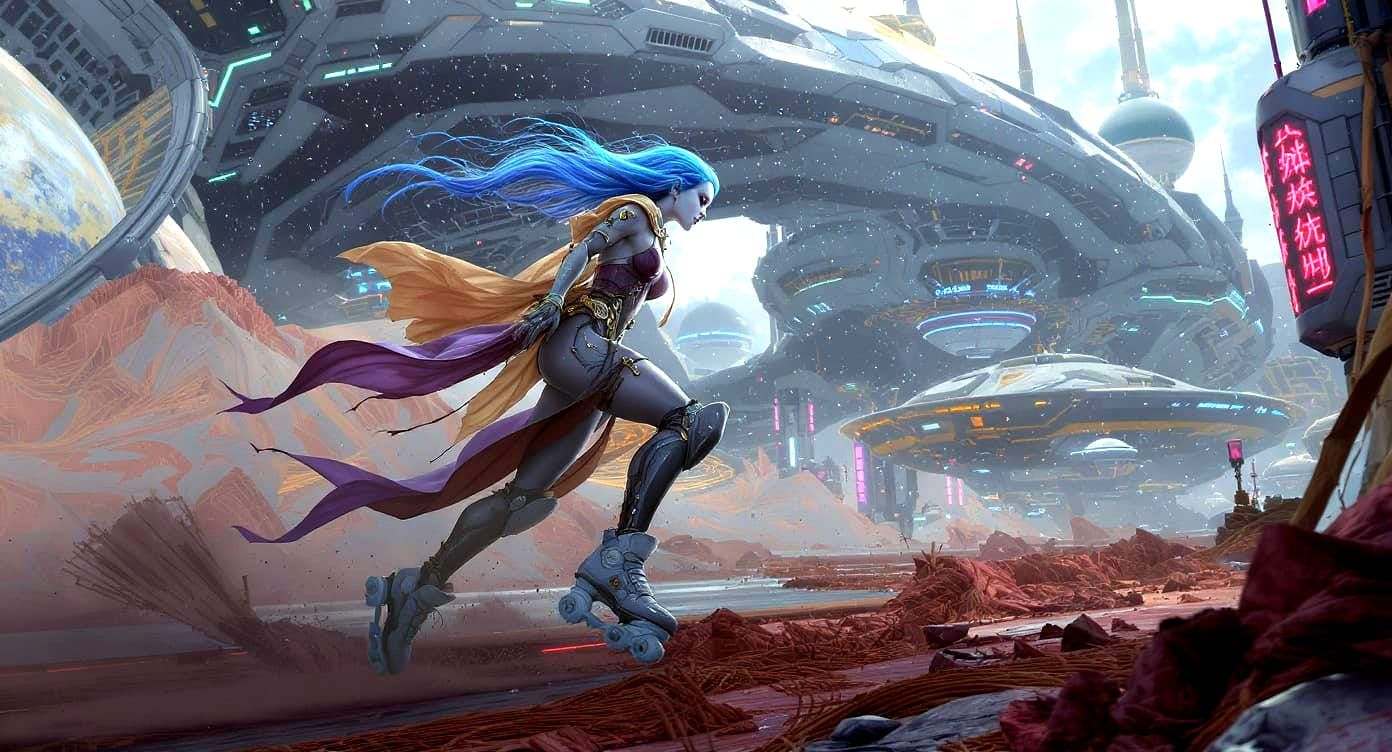 Blue-Haired Alien in Cyberpunk Cityscape