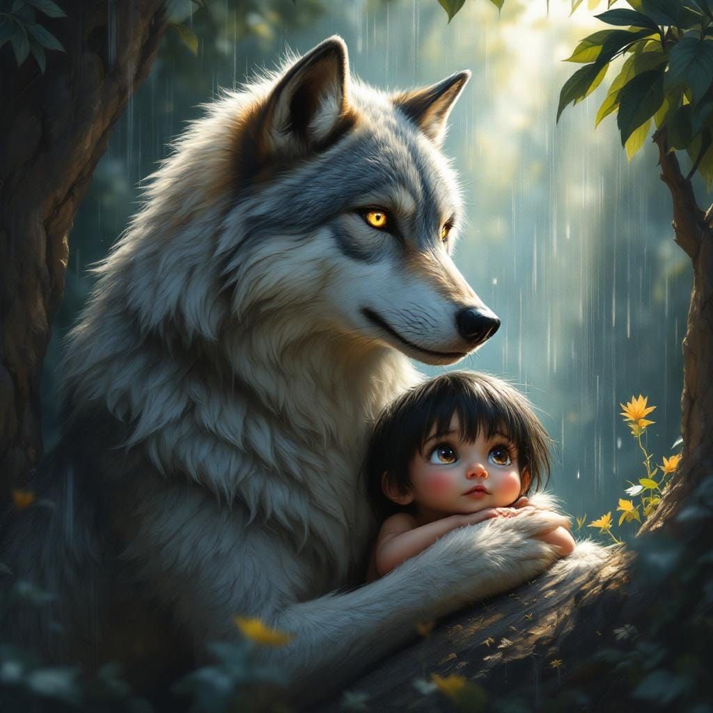 Mother Wolf Shelters Mowgli: Hyperrealistic Oil Painting