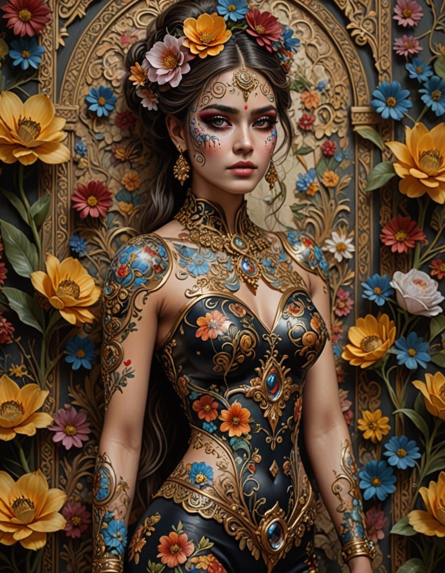 Woman's Body Painted to Match Antique Floral Wall