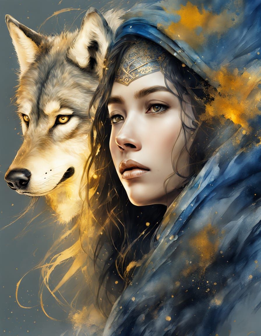 Young Woman and Gray Wolf in Dark Fantasy Style