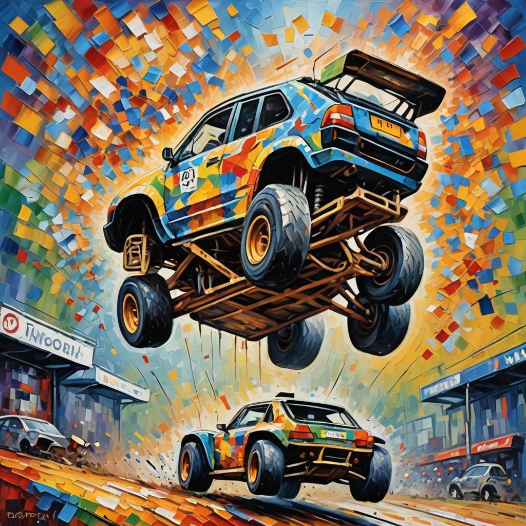 Stunt Car High Jump in Expressionist Oil Painting