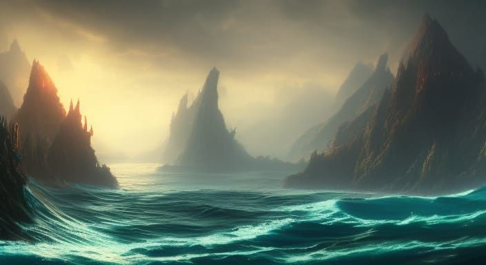 Fantastical Calm Ocean: Detailed Matte Painting