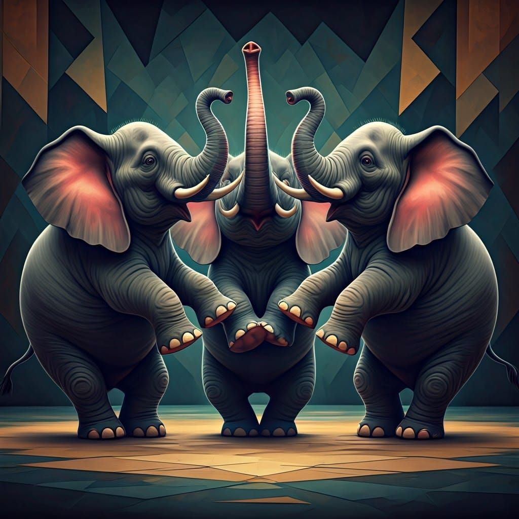 Dancing Elephants in Cubist Art Deco Style
