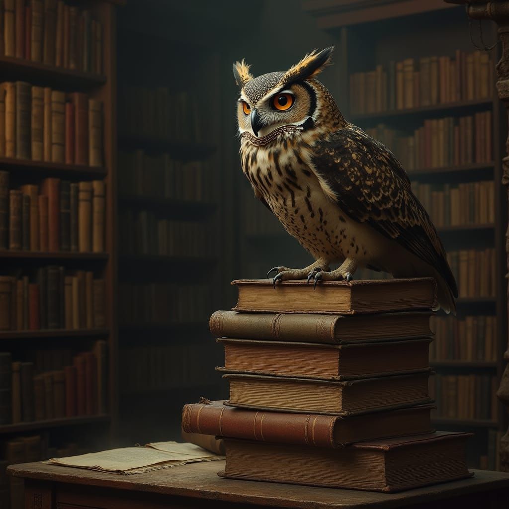 Wise Owl in Library: Classic Oil Painting