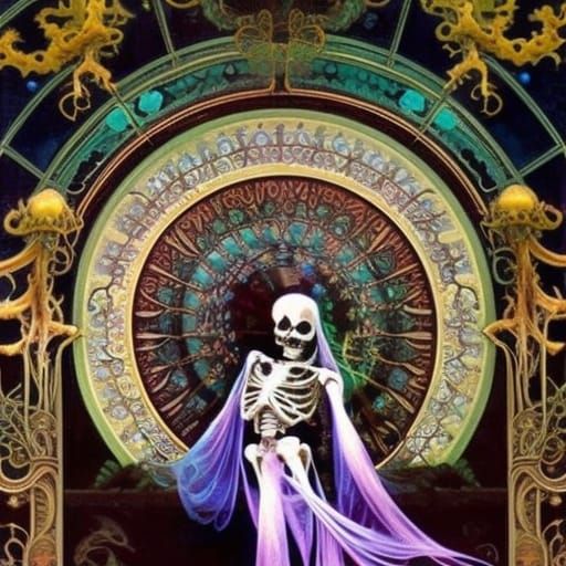 Bioluminescent Skeleton Leaping Across Misty Landscape