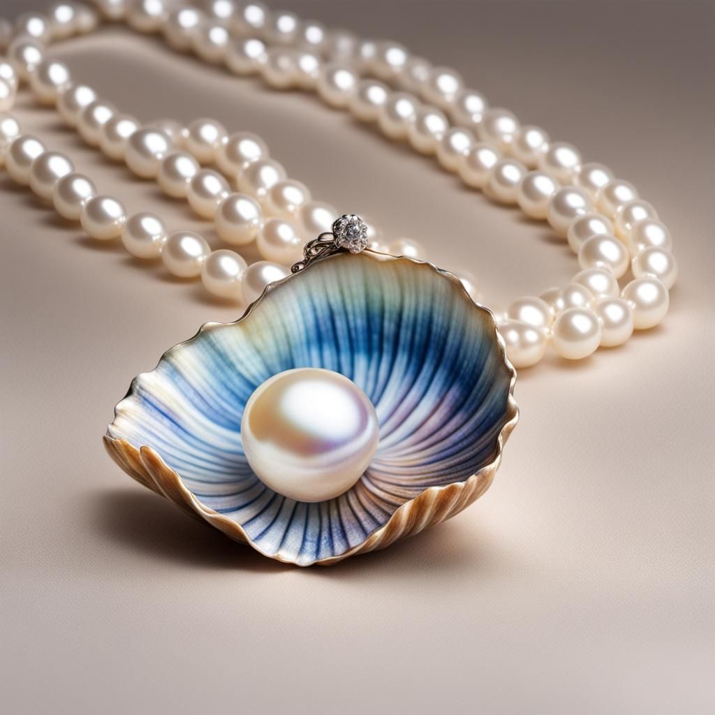 Watercolor Clam with Pearl and Necklace