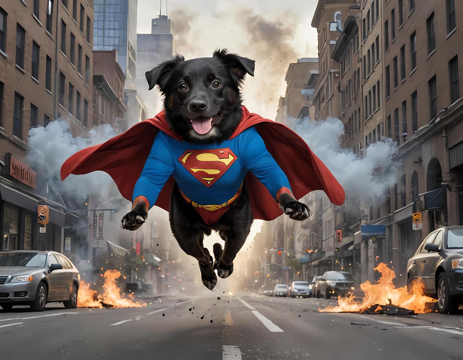 Superhero Dog Flies Over Exploding City, Renaissance Style