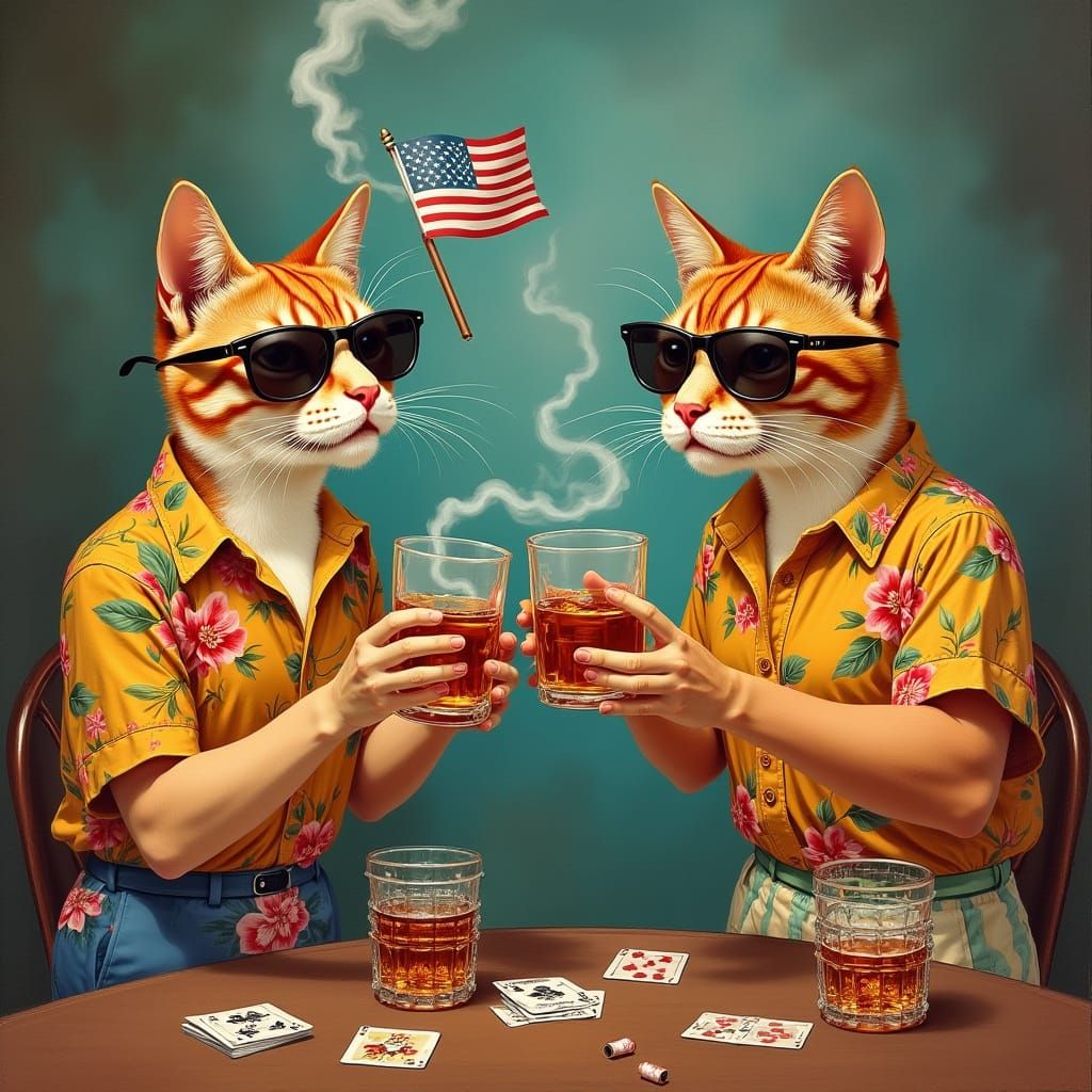 Cats Playing Cards in Mid-Century Americana Style