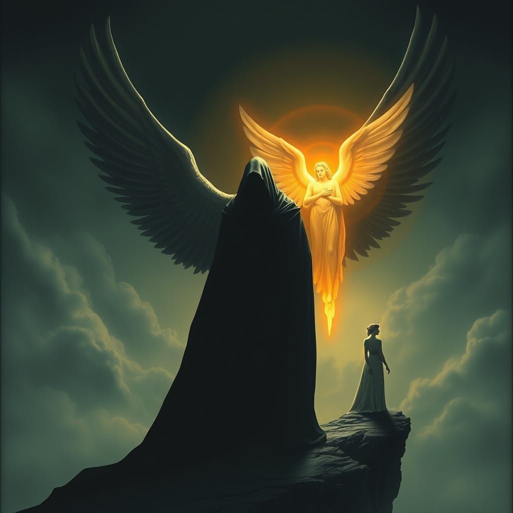 Glowing Angel at the Threshold of Two Worlds in a Surreal, C...