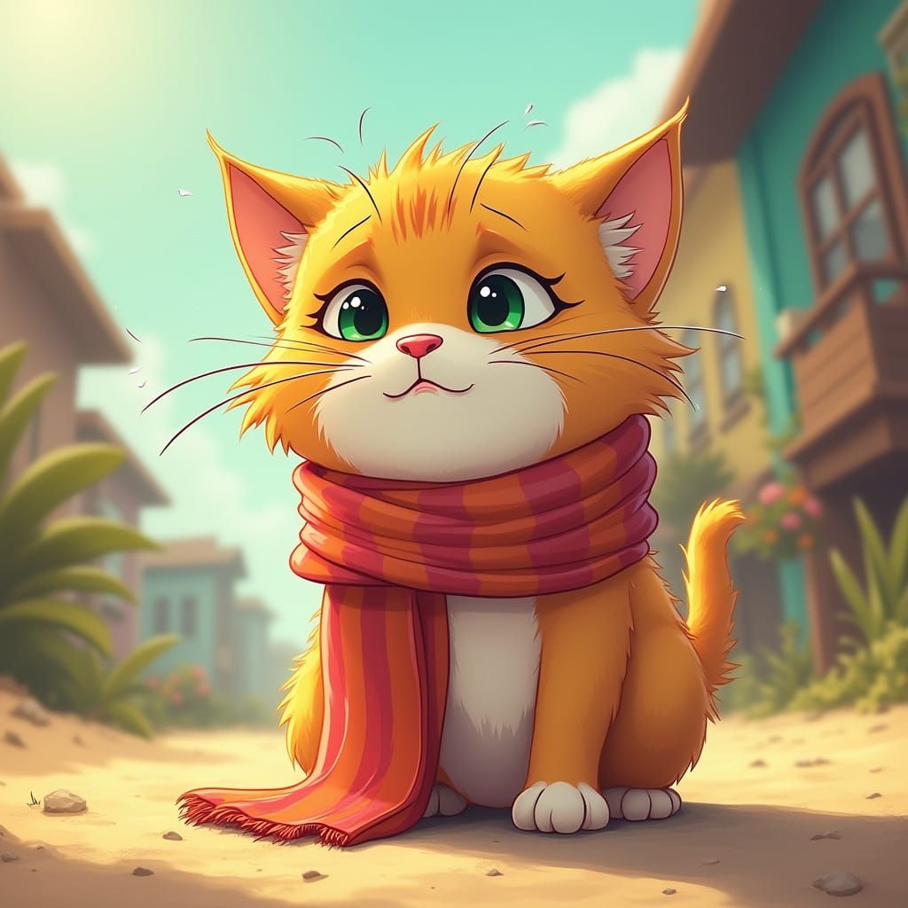 Frustrated Cat Sweating in Scarf on Hot Summer Day