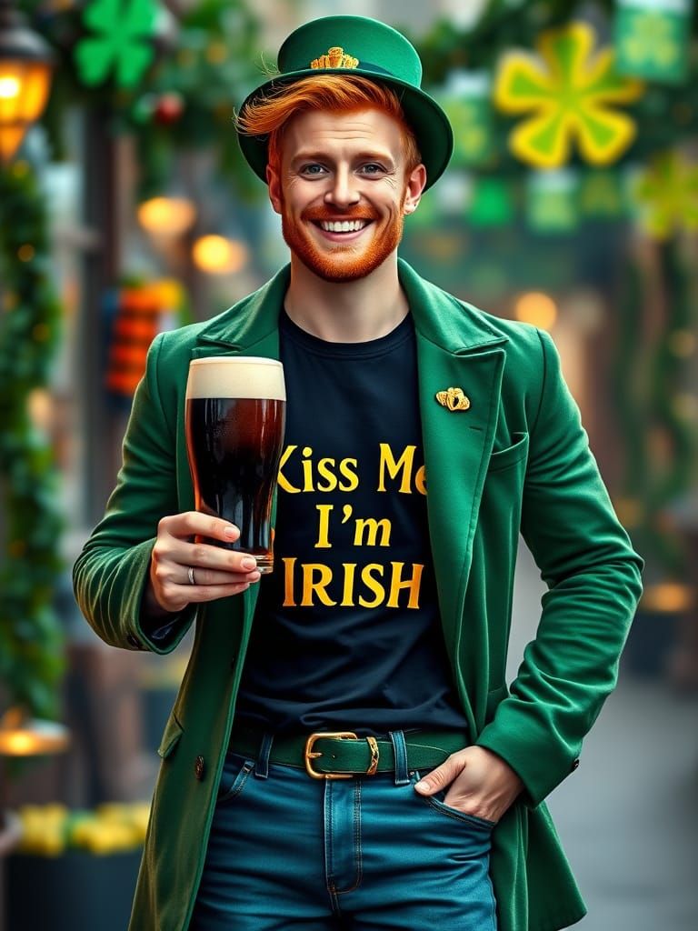 A young man celebrates St. Patrick's Day. - Cheers mate!