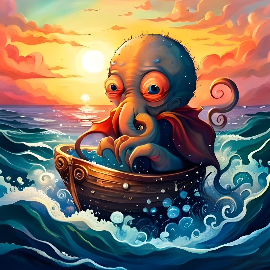 Cute Cthulhu Hugging Ship, Softly Glowing