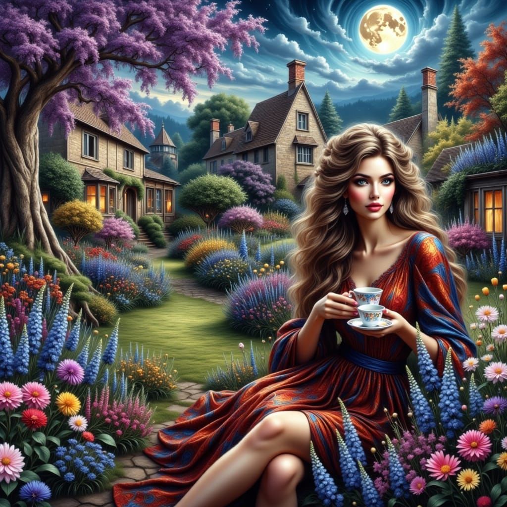 Surreal Watercolor Oil Painting of an English Beauty Under t...