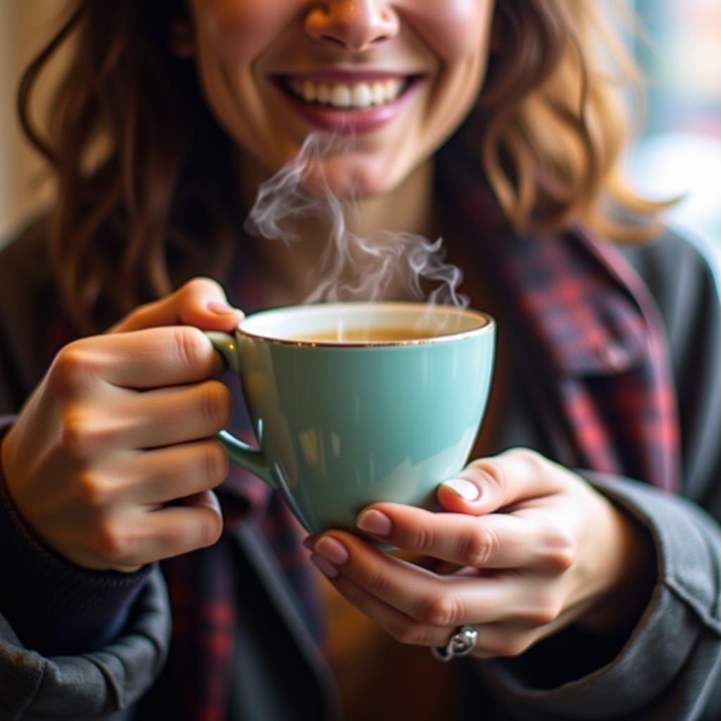 Smiling Person Holding Steaming Coffee Cup