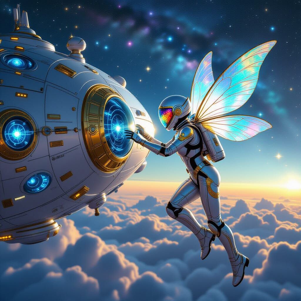 Fairy in Spacesuit Repairs Spaceship in Starry Sky