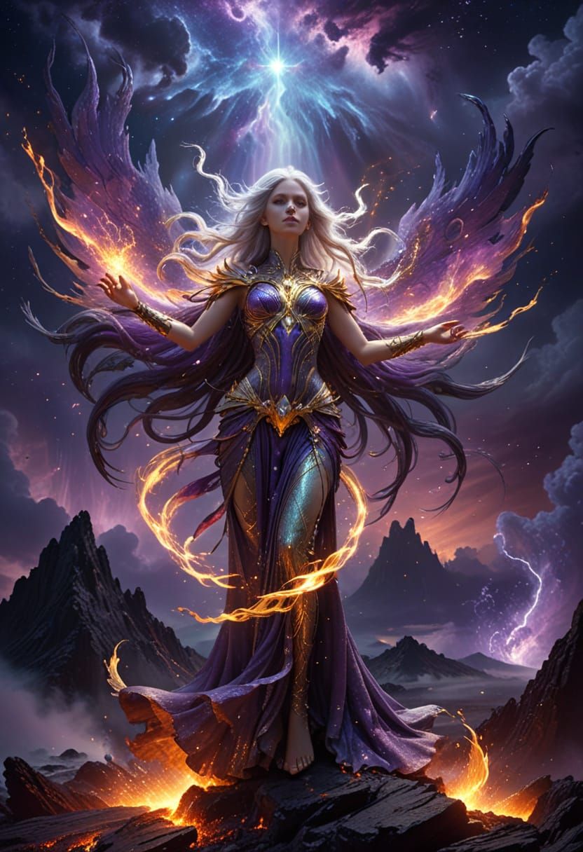 Ethereal Goddess Emerges Amidst Cosmic Ruins in Vibrant, Iri...