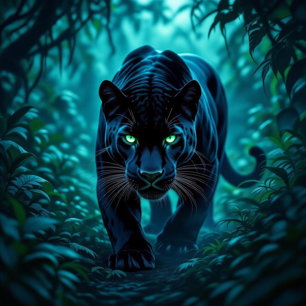 Majestic Black Panther in Moonlit Jungle