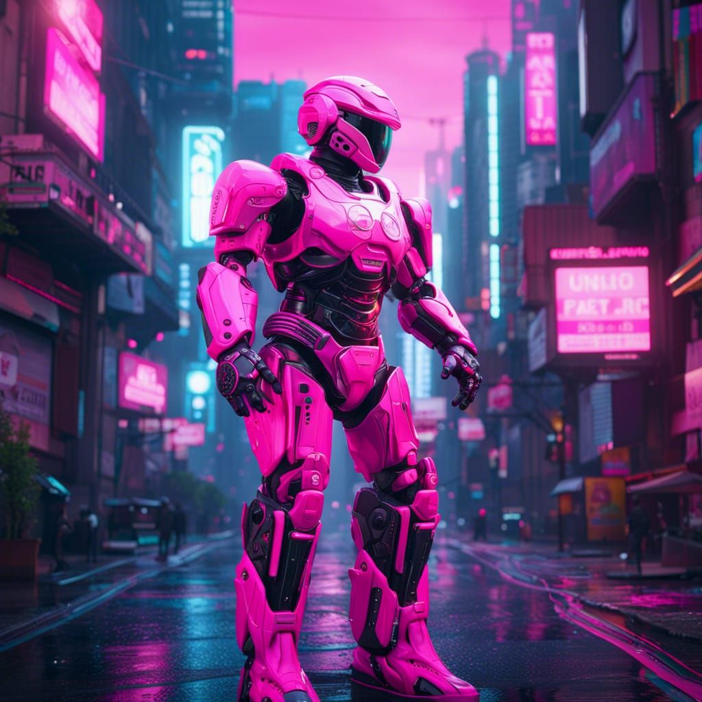 Cyber Robocop on a Bright Pink Street