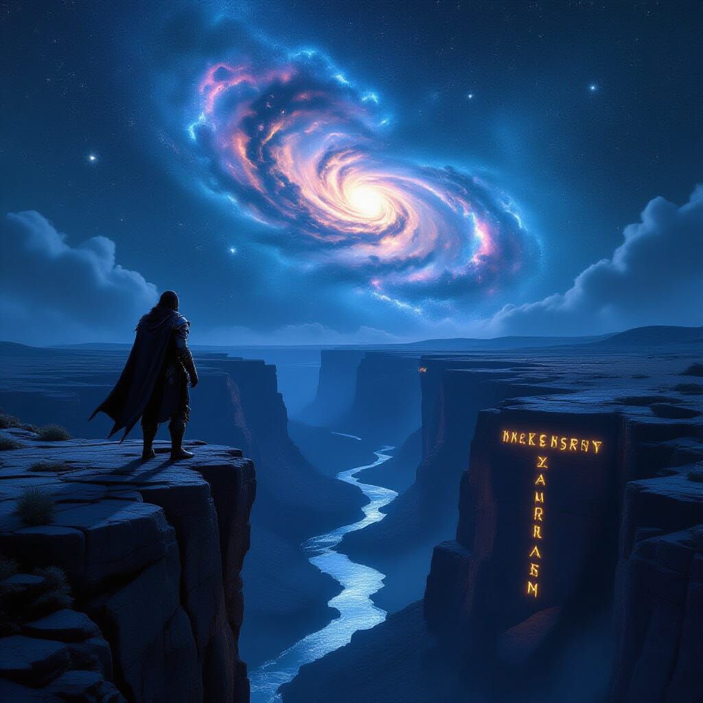 Solitary Wanderer Gazes at Nebula on Cliff Edge