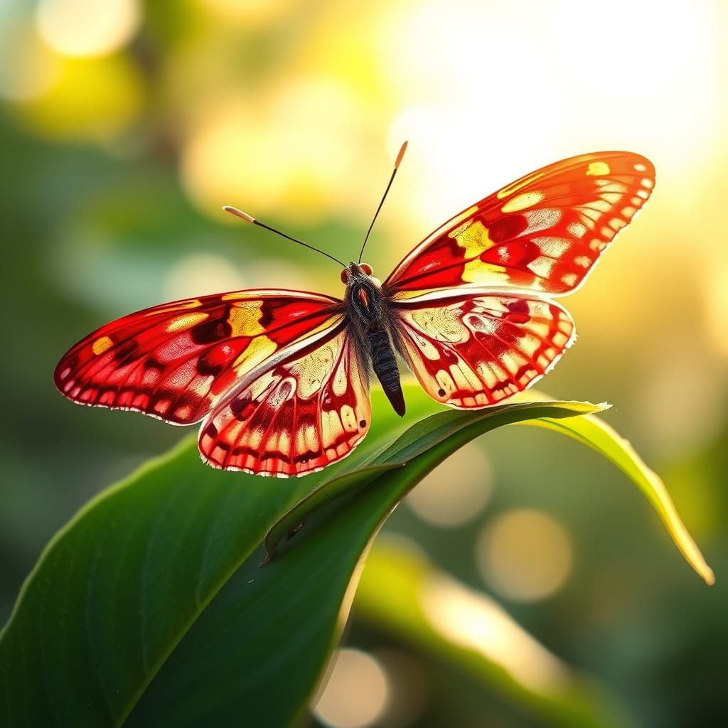 Impressionist Crimson Lacewing Butterfly Perched on a Green ...