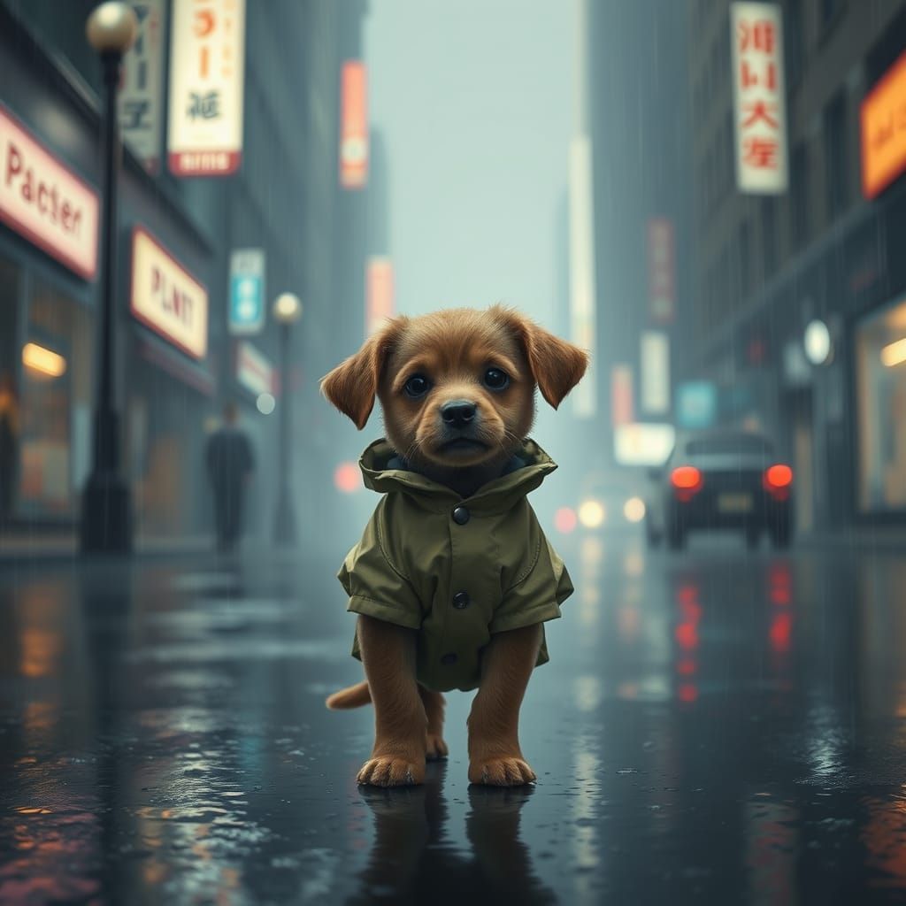 Lonely Puppy in a Rainy City