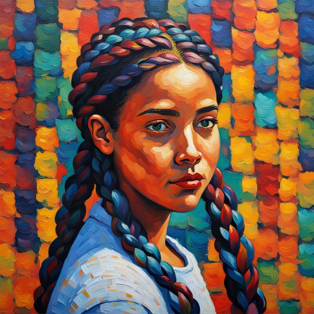 Girl with Braids in Expressionist Oil Painting Style
