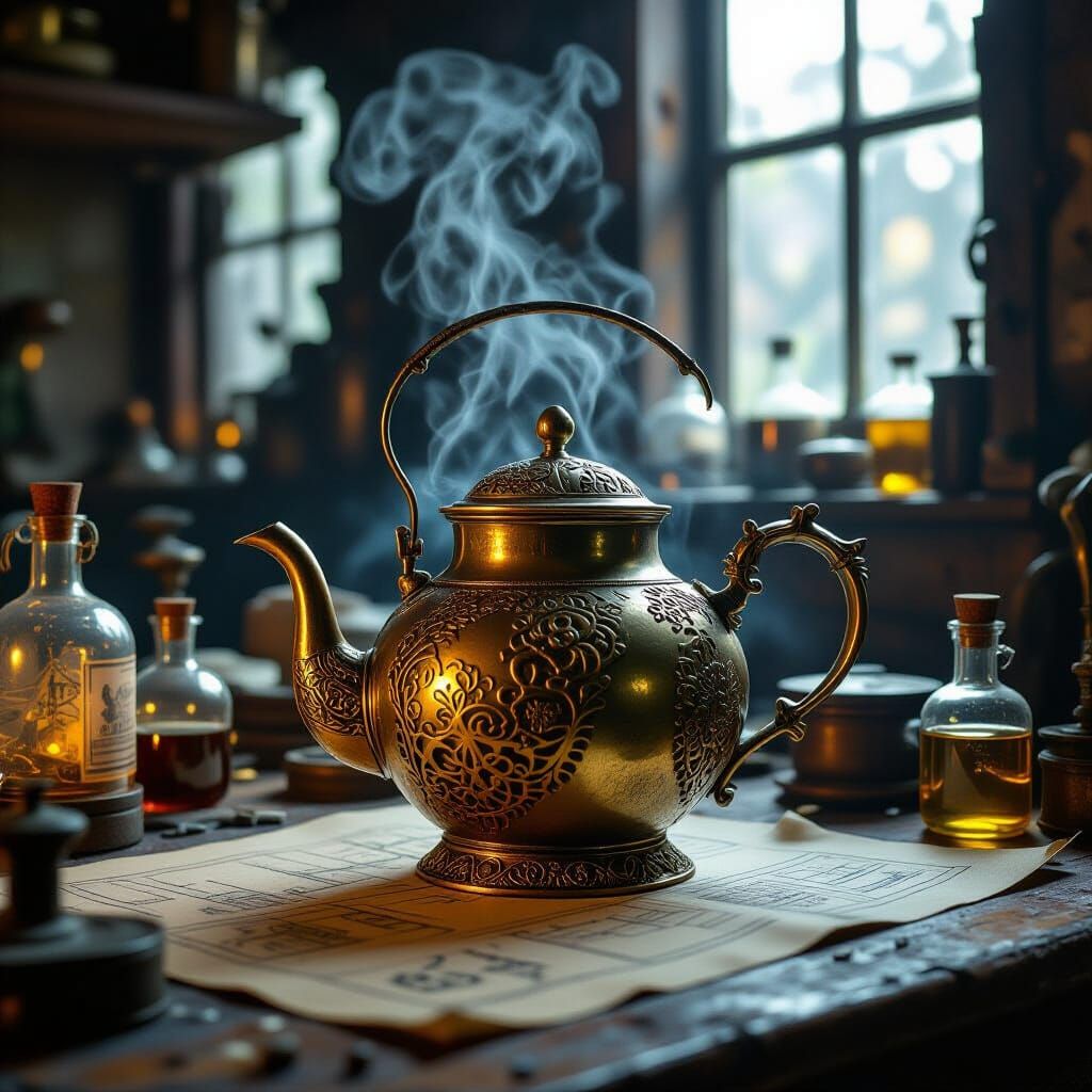 Steampunk Teapot with Gears and Arcane Tools