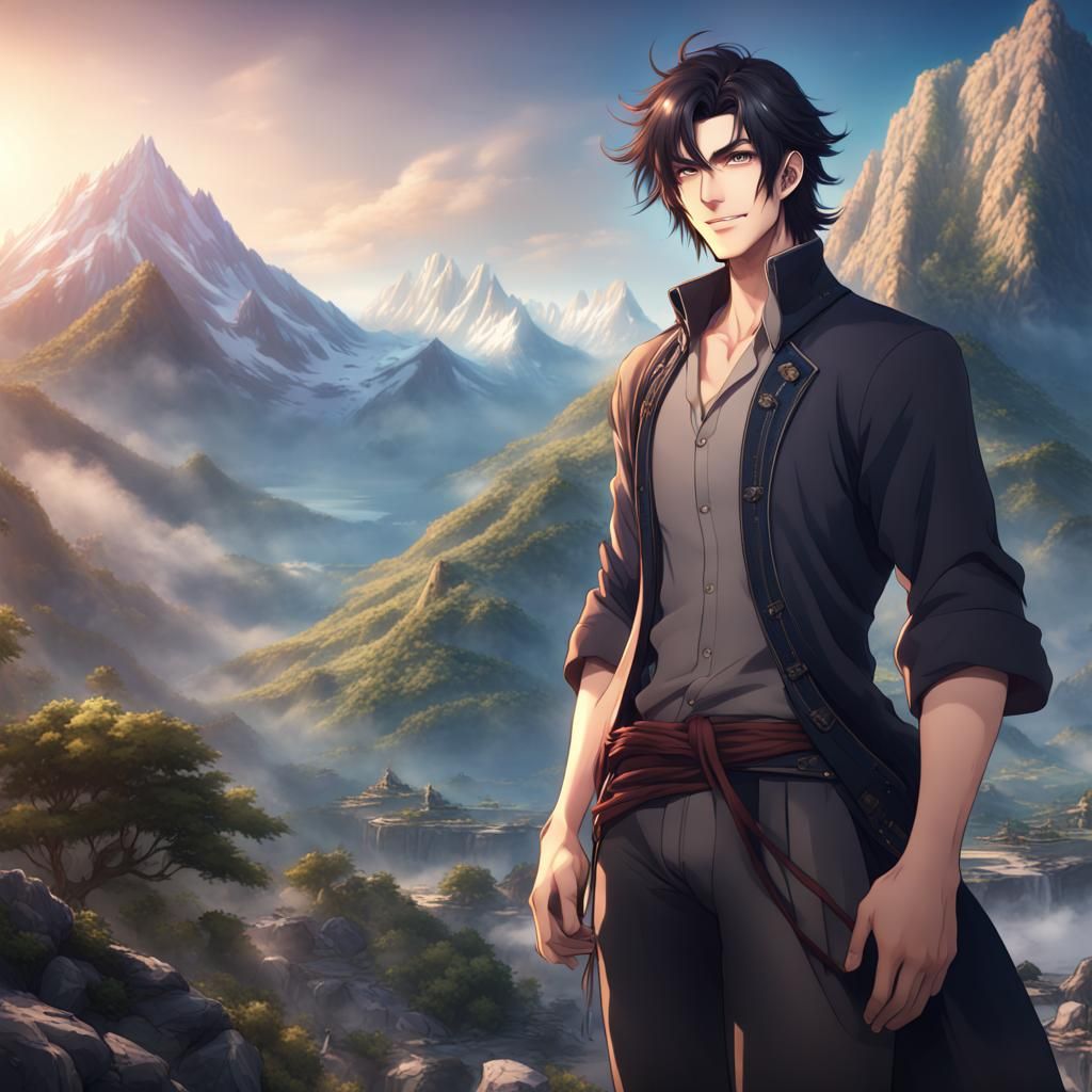 Anime Man Smiles Before Mountain Landscape