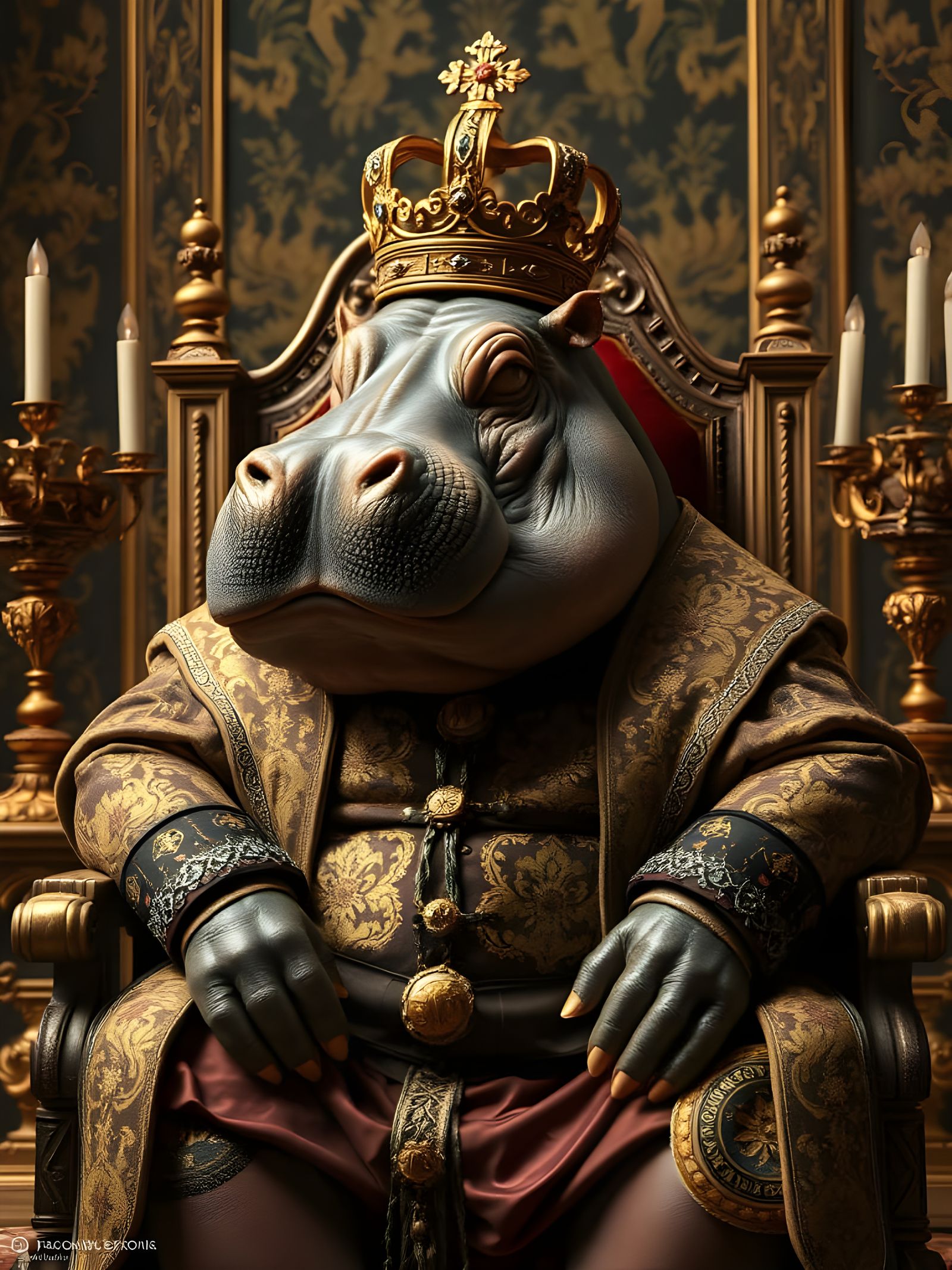 A Regally Attired Hippopotamus in Baroque Splendor