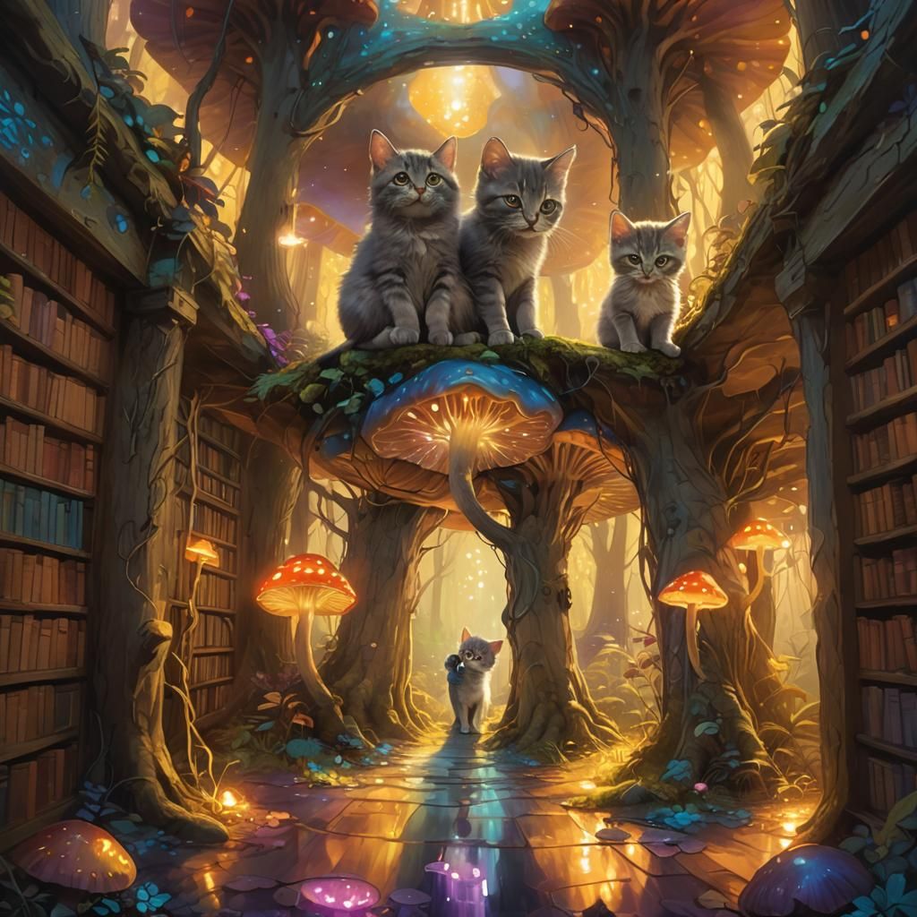 Mystical Kittens on Glowing Mushroom, Digital Art