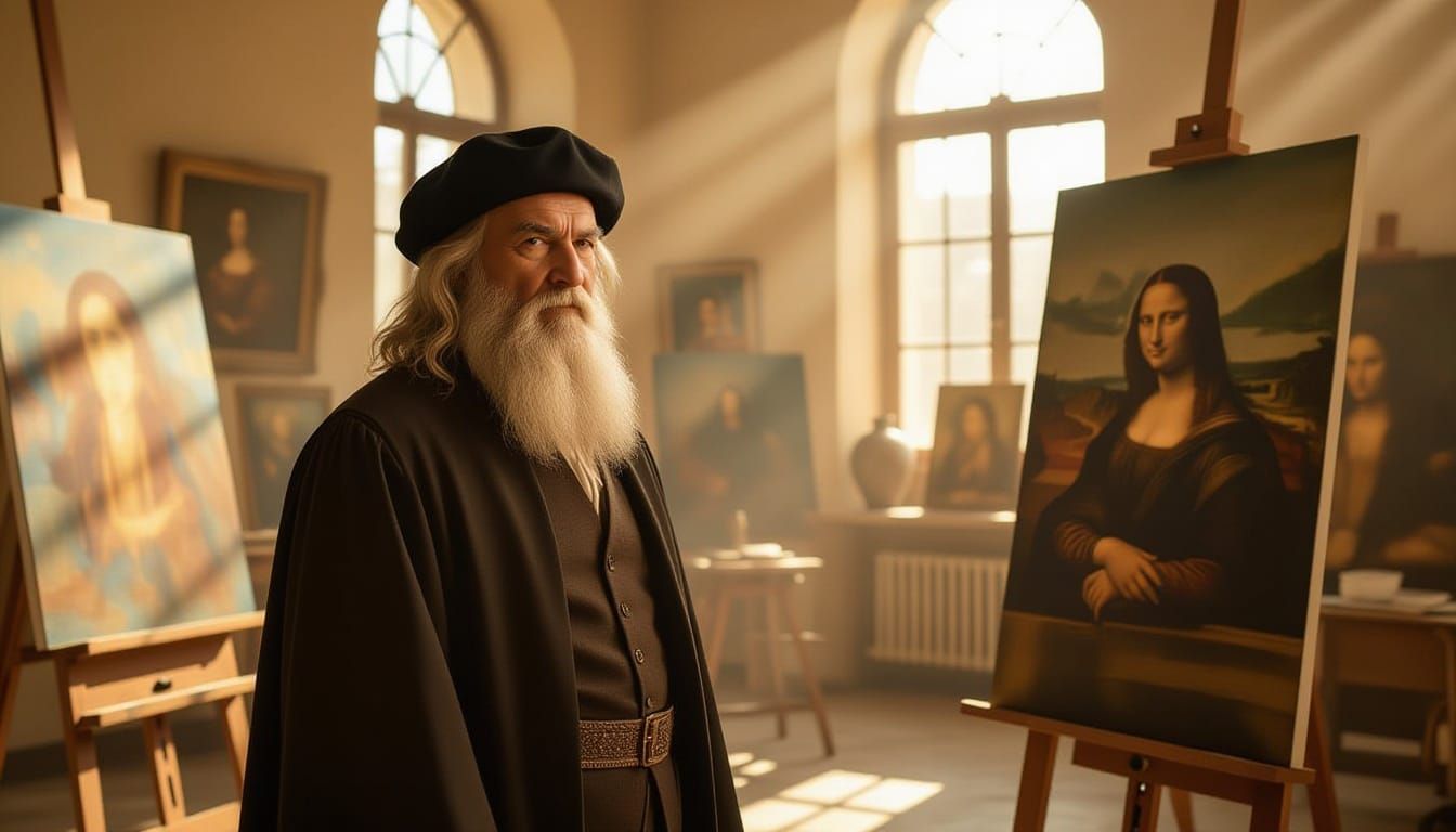 Leonardo da Vinci in 2025 Art Studio, Cinematic Film Style