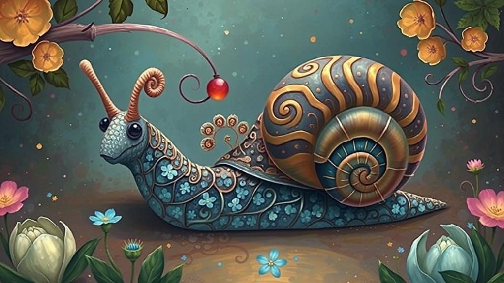 Golden Spiral Snail in a Whimsical Meadow