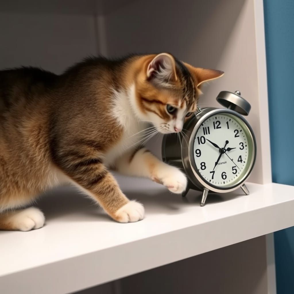 A cat slowly pushing a clock off a shelf