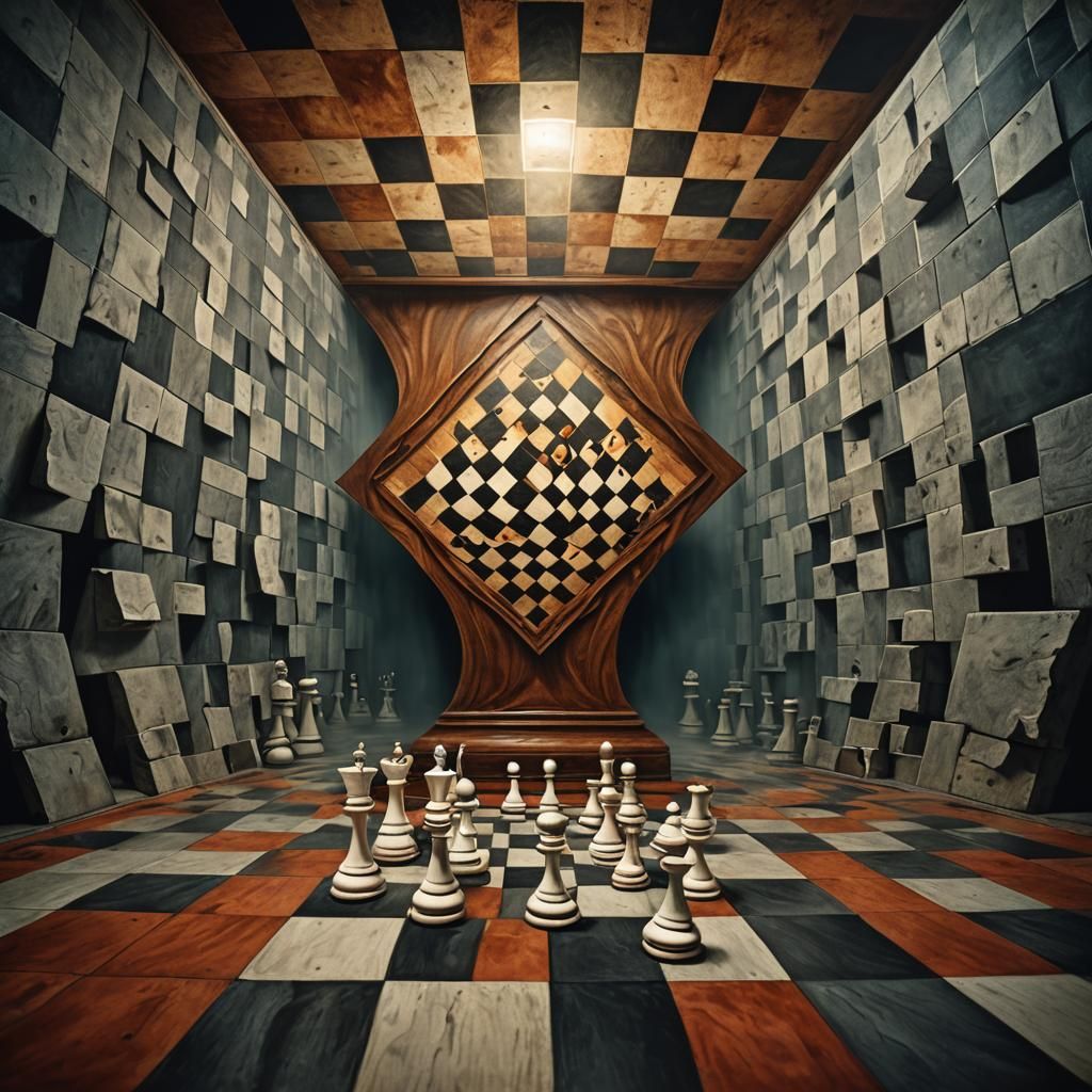 A chess board sits in the center of a dimly lit, misty room, the pieces twisted and elongated like melted wax, inspired ...