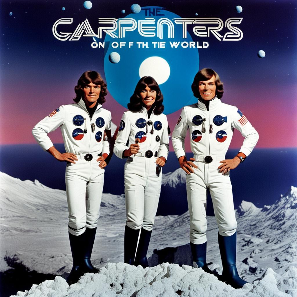 The Carpenters "On Top of the World in Orbit" album cover, 1970s aesthetic