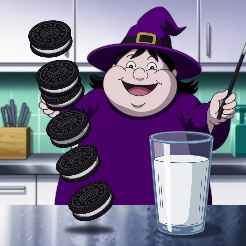 Magical Witch Levitates Oreos Towards Milk in 2.5D Art