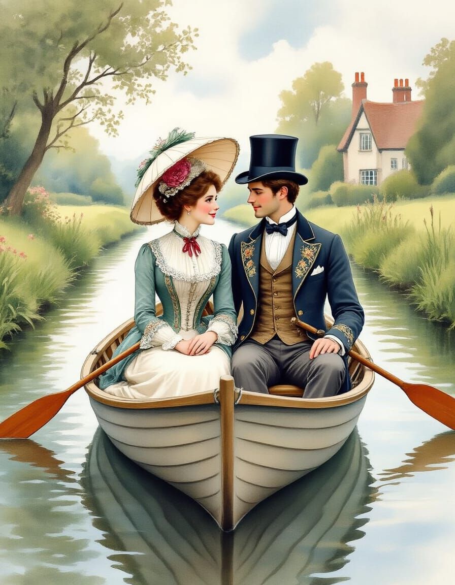 Victorian Couple in Rowboat: Watercolor Painting