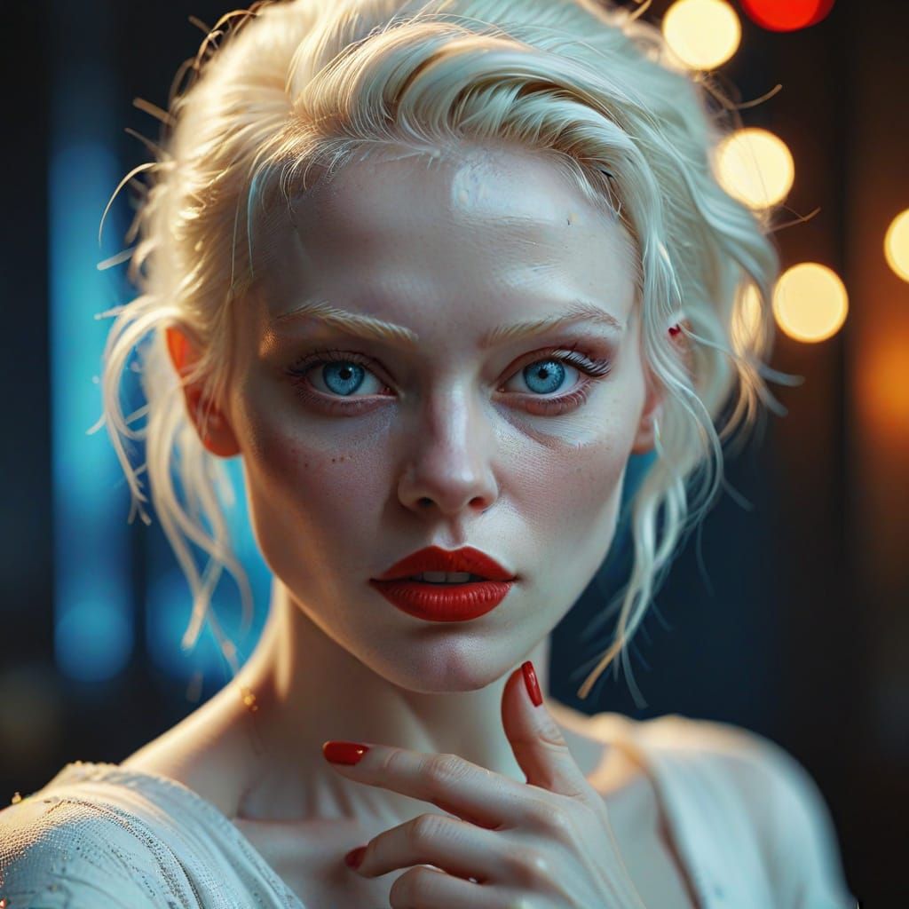 Albino Woman Points: Hyper-Realistic Digital Art Portrait