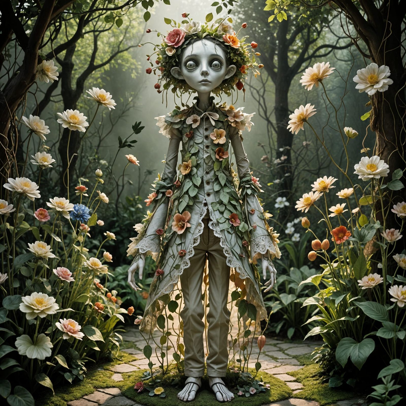 Porcelain Plant Man in Surreal Garden, Dreamy Texture