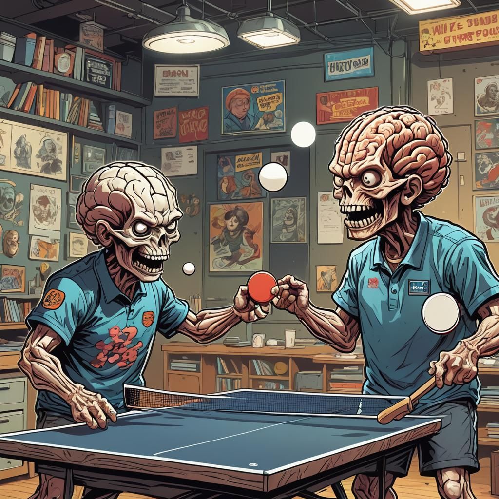 Cartoon Brains Play Ping Pong: Comic Book Style