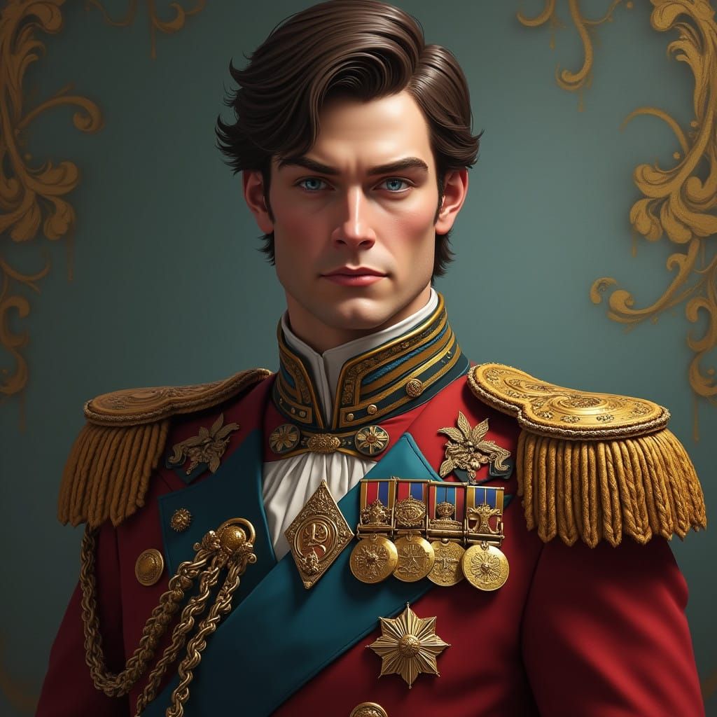 Fantasy Prince in Ornate Military Uniform Against Dramatic B...