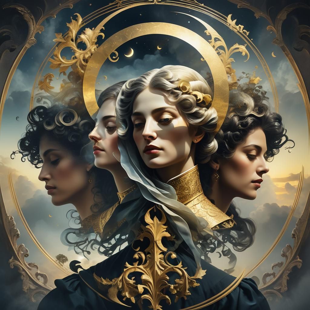 Mystical Gathering Under Crescent Moon: Baroque Surrealism