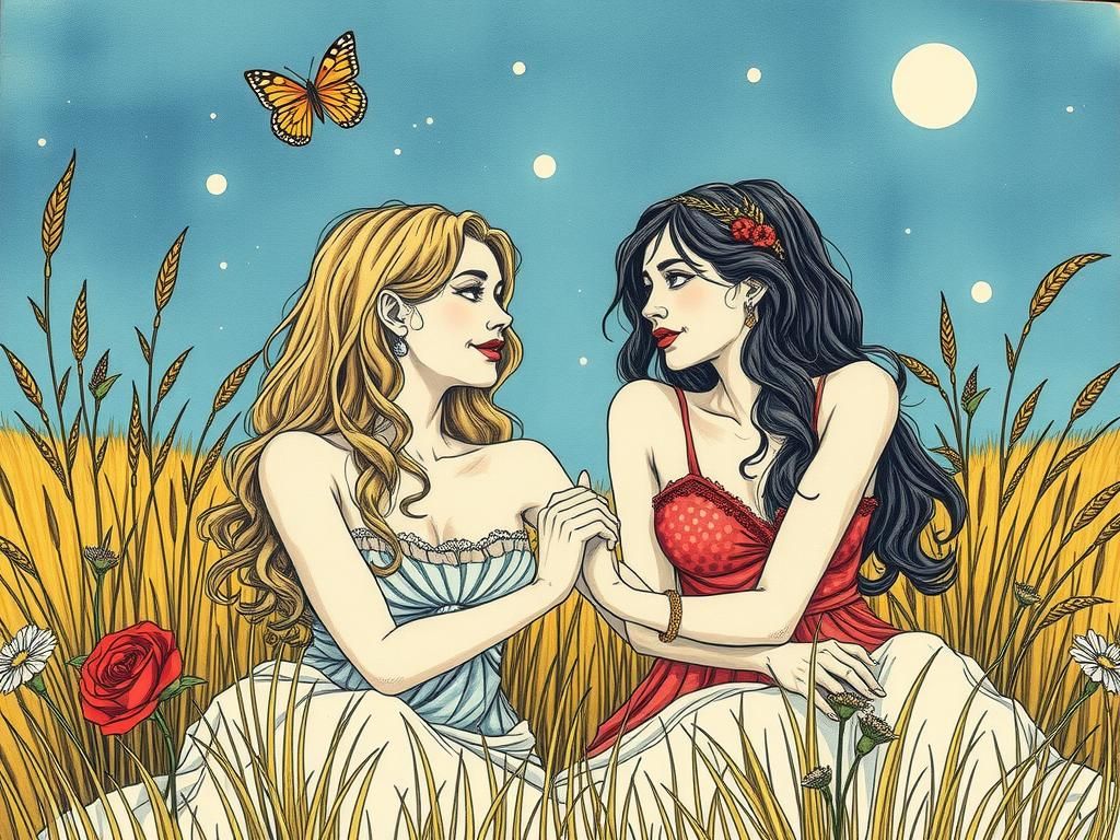 Two Women Cuddling in Meadow in Comic Art Style