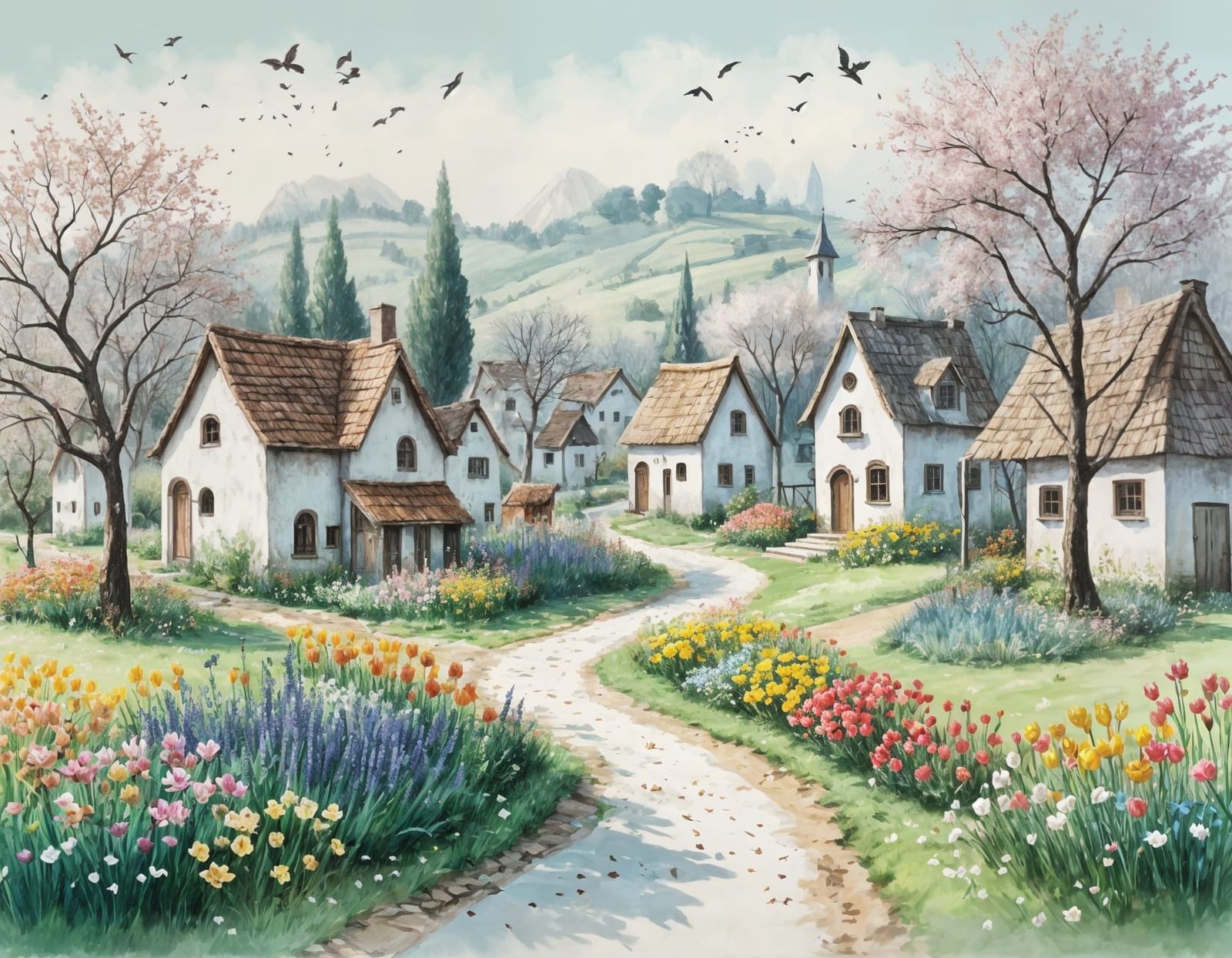 Whimsical Village Scene in Pastel Colors
