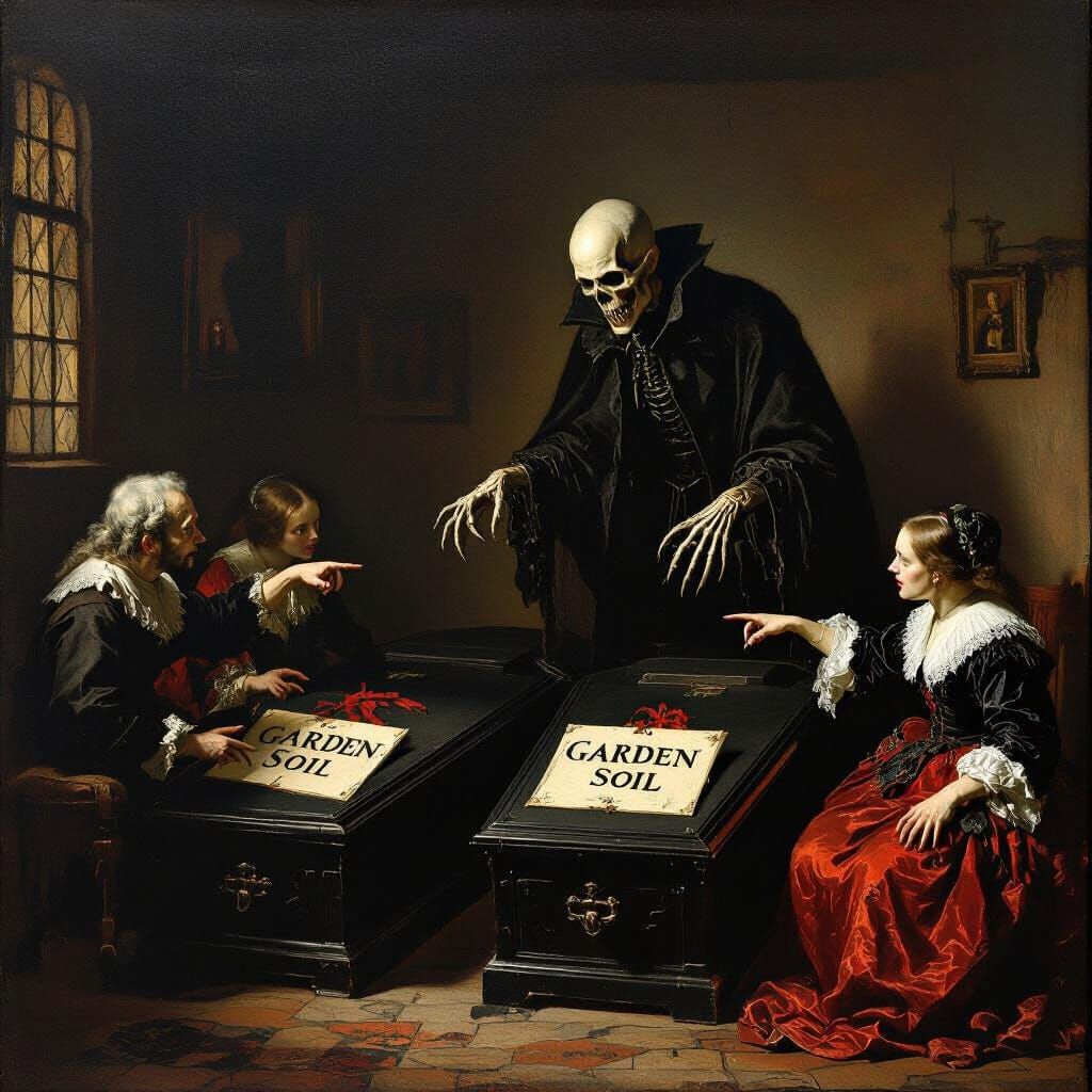 Macabre 1838 Scene: Invalids Point to Coffins with Garden So...