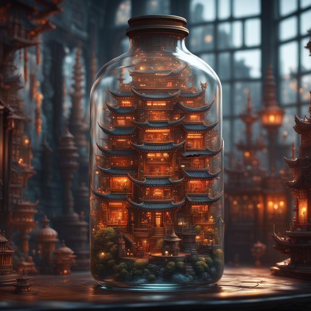 Asian City in Glass Bottle: Oil Painting