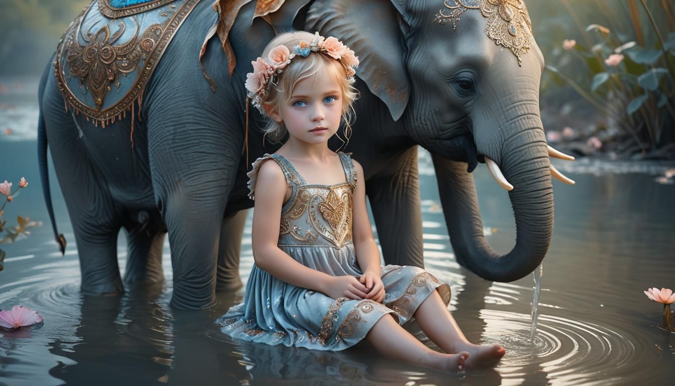 Pixie Child on Elephant in Whimsical Fantasy Style
