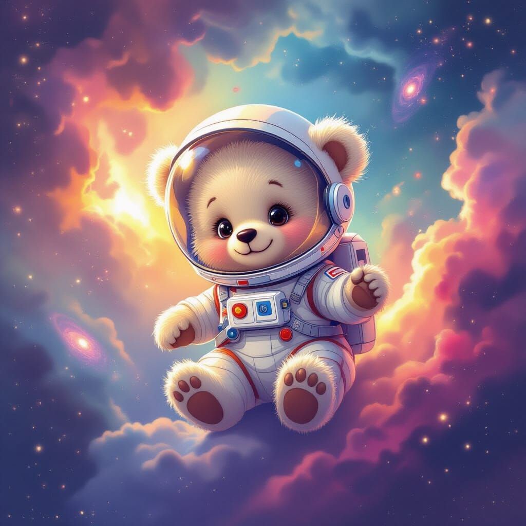 Fluffy Bear Cub Astronaut Floats in Vibrant Cosmic Nebula
