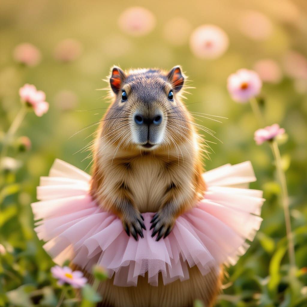 Whimsical Capybara in Pink Tutu with Wildflowers